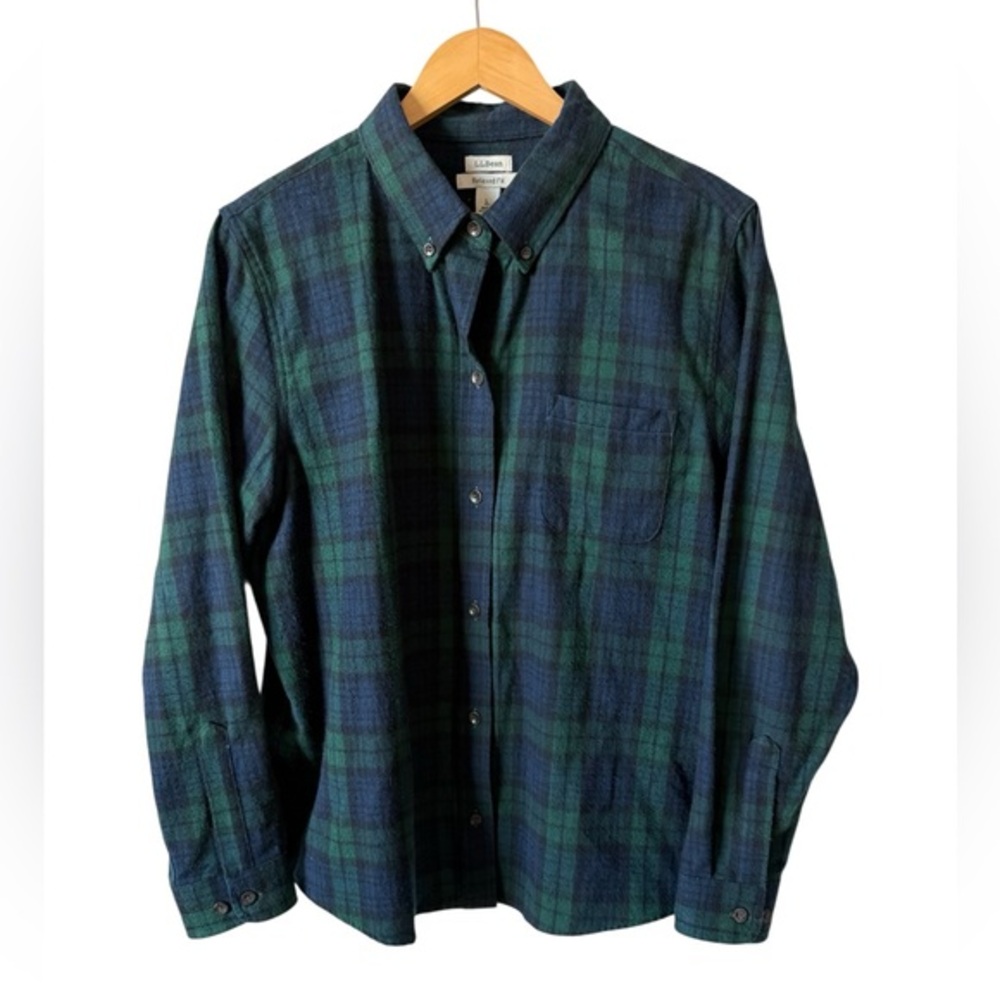 LL‎ Bean Relaxed Fit Flannel Shirt Petite Large Green Blue Plaid Cotton